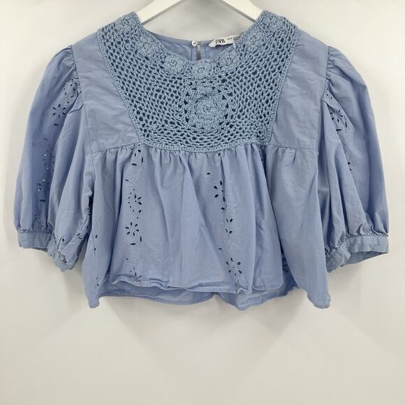 Zara Blue Cotton Top Crochet Eyelet Lace Floral Cutout Puff Sleeve Size Small - Picture 2 of 9